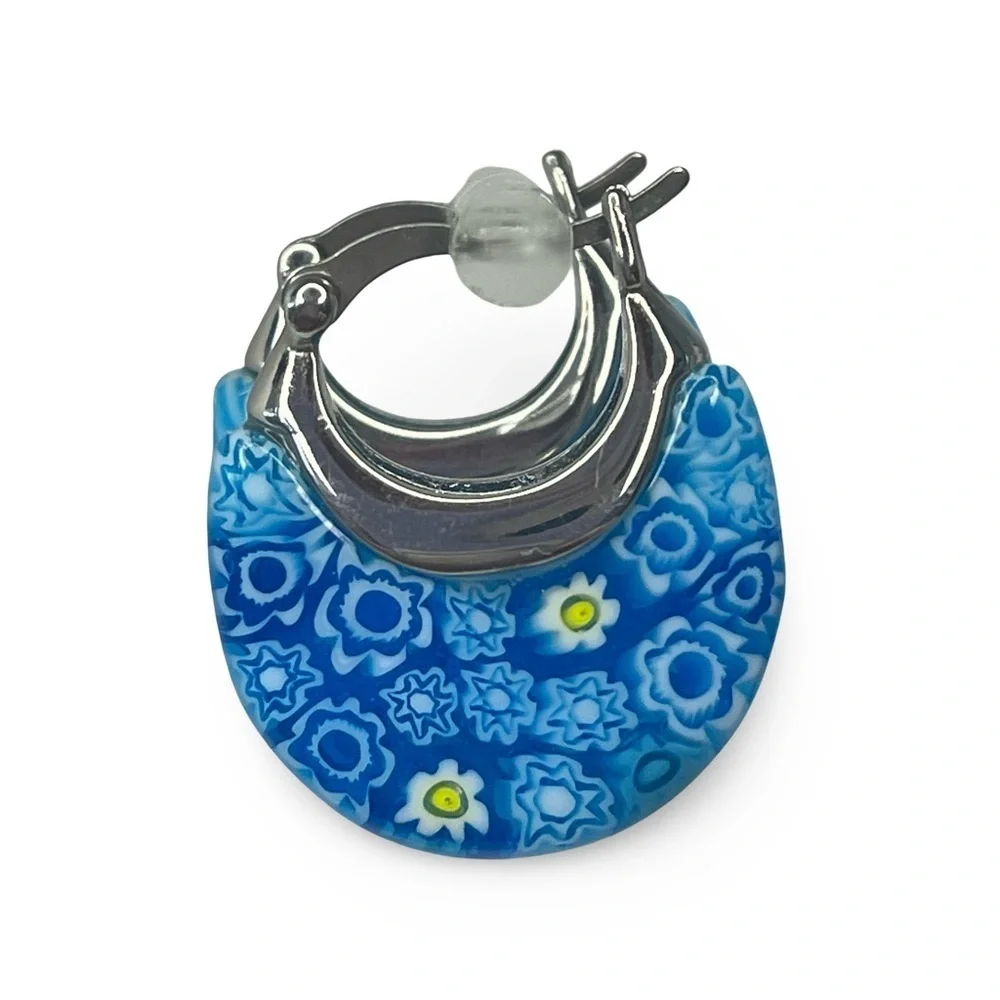 Murano Glass Millefiori Surgical Steel Hoop Earrings Blue Floral Pattern